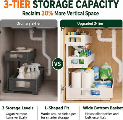 3 Tier Under Sink Organizer, Pull Out Cabinet Shelves with Adjustable Height,Heavy Duty Carbon Steel L-Shaped Storage for Kitchen Bathroom Sink,Pantry & Laundry,Black
