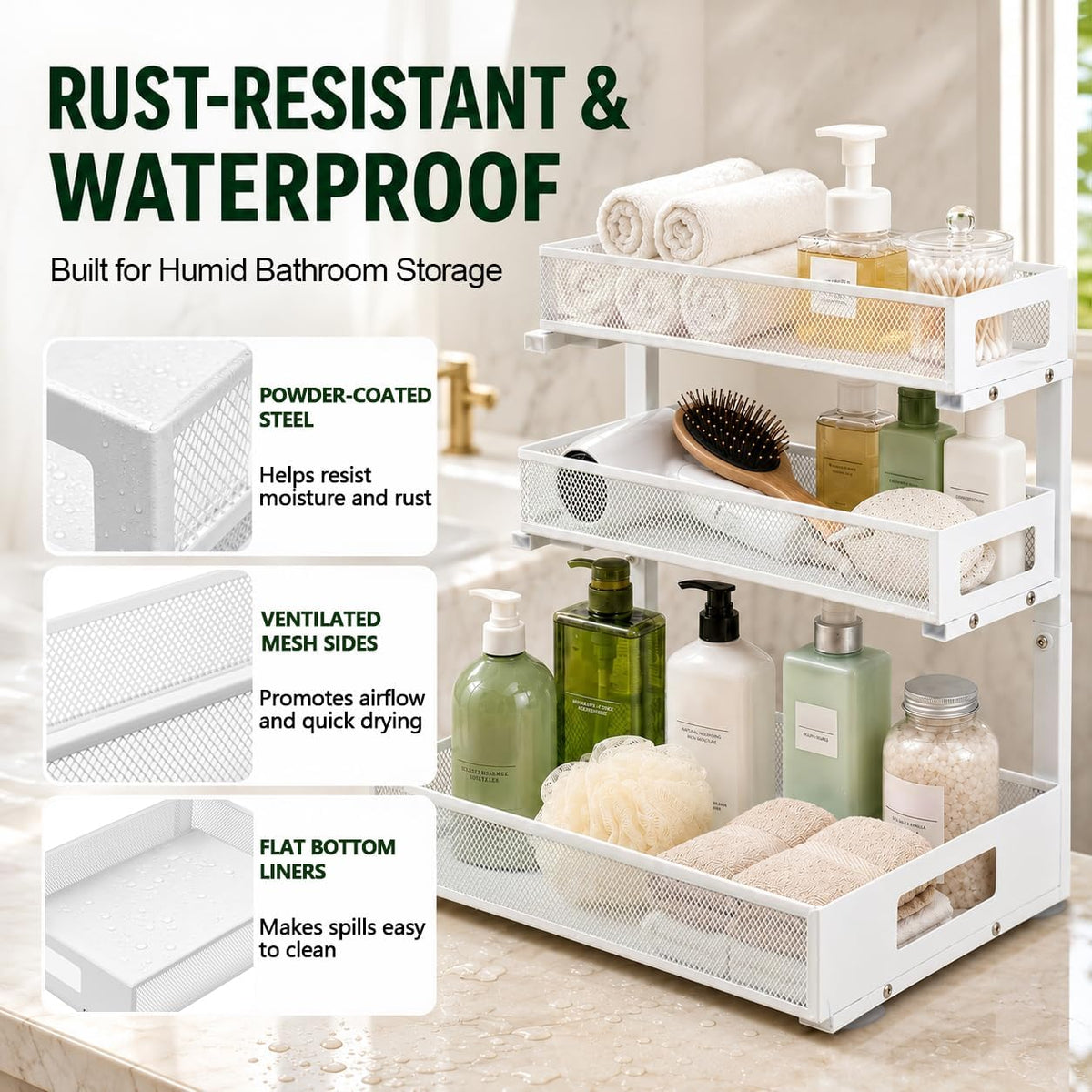 3 Tier Under Sink Organizer, Pull Out Cabinet Shelves with Adjustable Height,Heavy Duty Carbon Steel L-Shaped Storage for Kitchen Bathroom Sink,Pantry & Laundry,Black