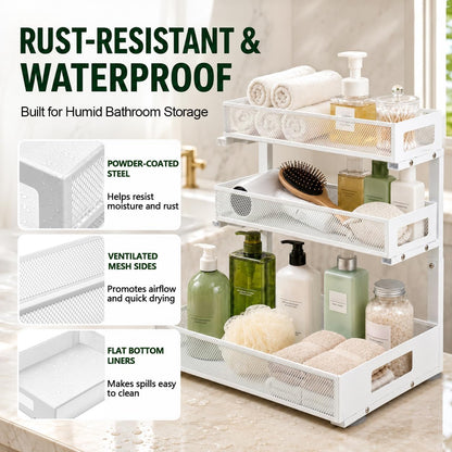 3 Tier Under Sink Organizer, Pull Out Cabinet Shelves with Adjustable Height,Heavy Duty Carbon Steel L-Shaped Storage for Kitchen Bathroom Sink,Pantry & Laundry,Black
