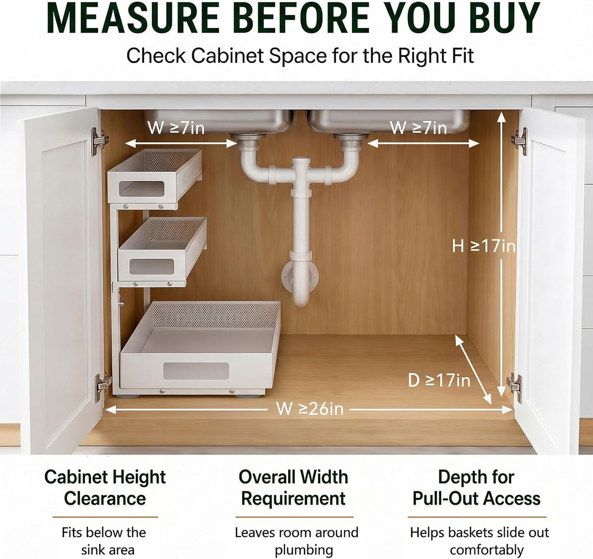 3 Tier Under Sink Organizer, Pull Out Cabinet Shelves with Adjustable Height,Heavy Duty Carbon Steel L-Shaped Storage for Kitchen Bathroom Sink,Pantry & Laundry,Black