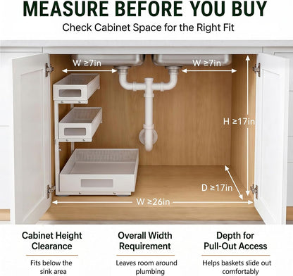 3 Tier Under Sink Organizer, Pull Out Cabinet Shelves with Adjustable Height,Heavy Duty Carbon Steel L-Shaped Storage for Kitchen Bathroom Sink,Pantry & Laundry,Black