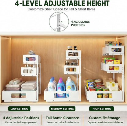 3 Tier Under Sink Organizer, Pull Out Cabinet Shelves with Adjustable Height,Heavy Duty Carbon Steel L-Shaped Storage for Kitchen Bathroom Sink,Pantry & Laundry,Black