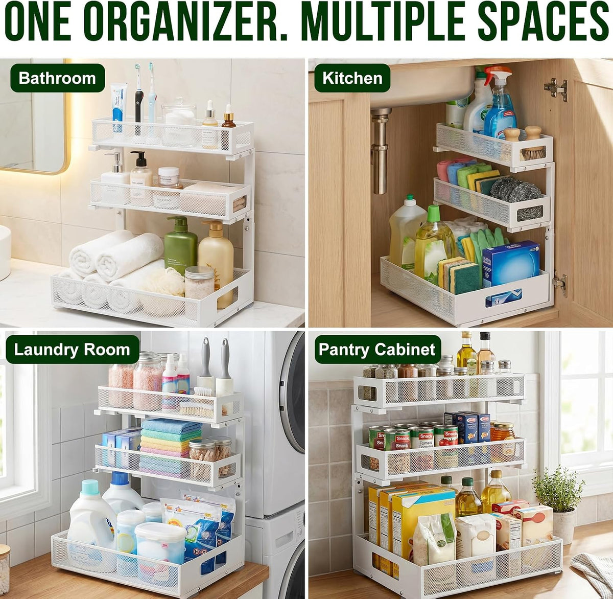 3 Tier Under Sink Organizer, Pull Out Cabinet Shelves with Adjustable Height,Heavy Duty Carbon Steel L-Shaped Storage for Kitchen Bathroom Sink,Pantry & Laundry,Black