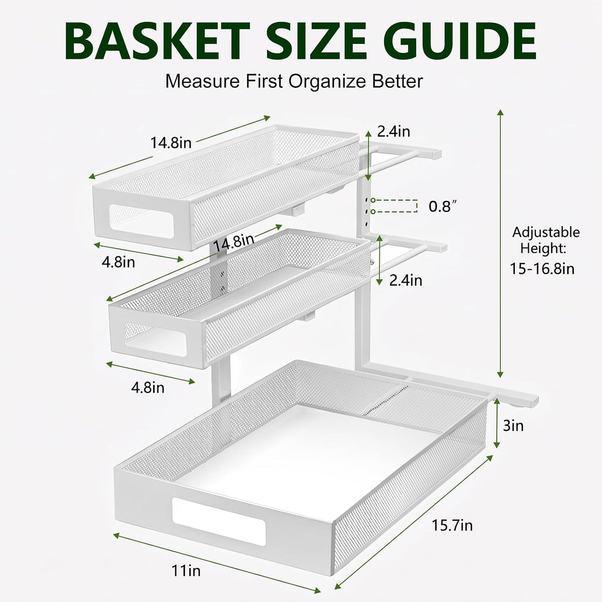 3 Tier Under Sink Organizer, Pull Out Cabinet Shelves with Adjustable Height,Heavy Duty Carbon Steel L-Shaped Storage for Kitchen Bathroom Sink,Pantry & Laundry,Black
