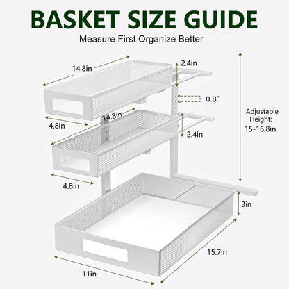 3 Tier Under Sink Organizer, Pull Out Cabinet Shelves with Adjustable Height,Heavy Duty Carbon Steel L-Shaped Storage for Kitchen Bathroom Sink,Pantry & Laundry,Black