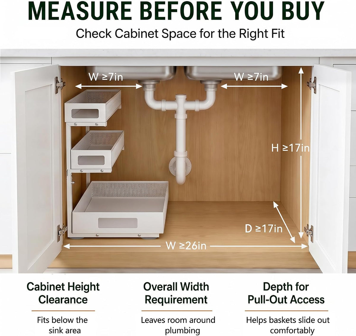 3 Tier Under Sink Organizer, Pull Out Cabinet Shelves with Adjustable Height,Heavy Duty Carbon Steel L-Shaped Storage for Kitchen Bathroom Sink,Pantry & Laundry,Black
