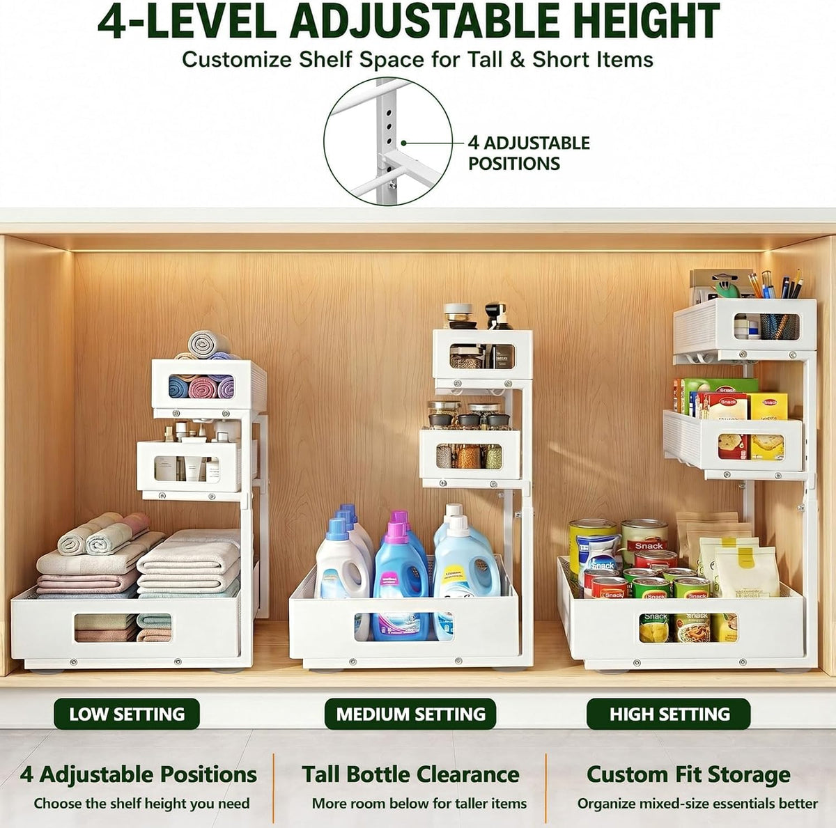 3 Tier Under Sink Organizer, Pull Out Cabinet Shelves with Adjustable Height,Heavy Duty Carbon Steel L-Shaped Storage for Kitchen Bathroom Sink,Pantry & Laundry,Black