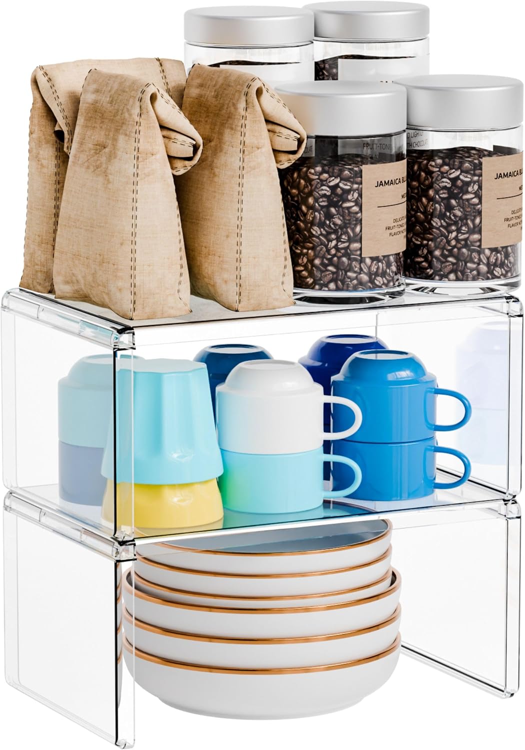 2 Pack Acrylic Cabinet Organizer,2 Tier Stackable Shelves for Cabinets,RV Pantry Organization,Counter Space Saver Desk Organizers,Cupboard Shelf and Cabinet Stand & Risers for Mug,Cup,Dish