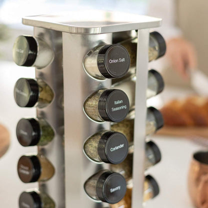 20 Jar Rotating Spice Rack with Spices Included & 5-Year Free Spice Refill Program – Stainless Steel Countertop Spice Rack with 3 oz Glass Jars | 5-Year Free Spice Refill Program, Stainless Steel Countertop, 3 oz Glass Jars