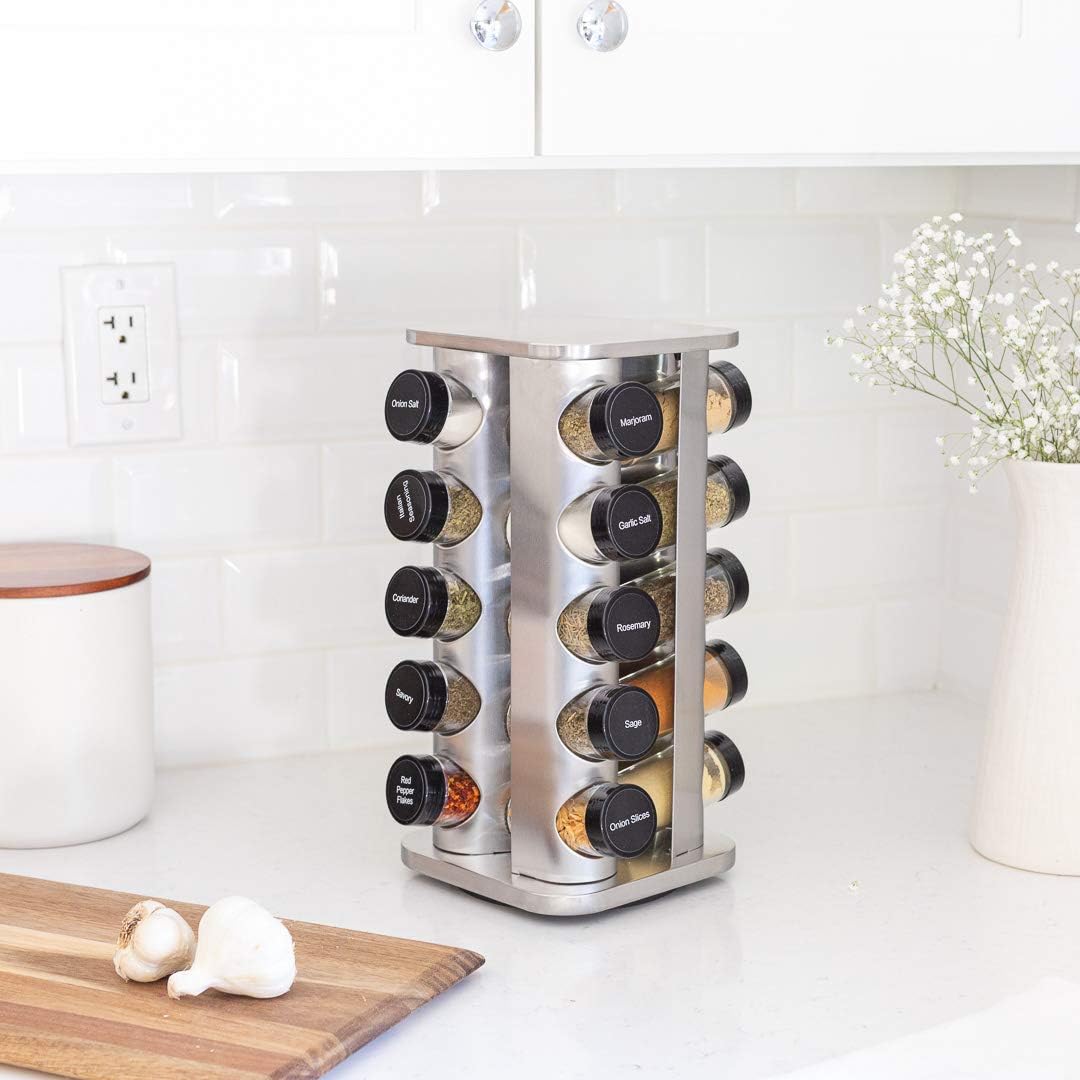 20 Jar Rotating Spice Rack with Spices Included & 5-Year Free Spice Refill Program – Stainless Steel Countertop Spice Rack with 3 oz Glass Jars | 5-Year Free Spice Refill Program, Stainless Steel Countertop, 3 oz Glass Jars