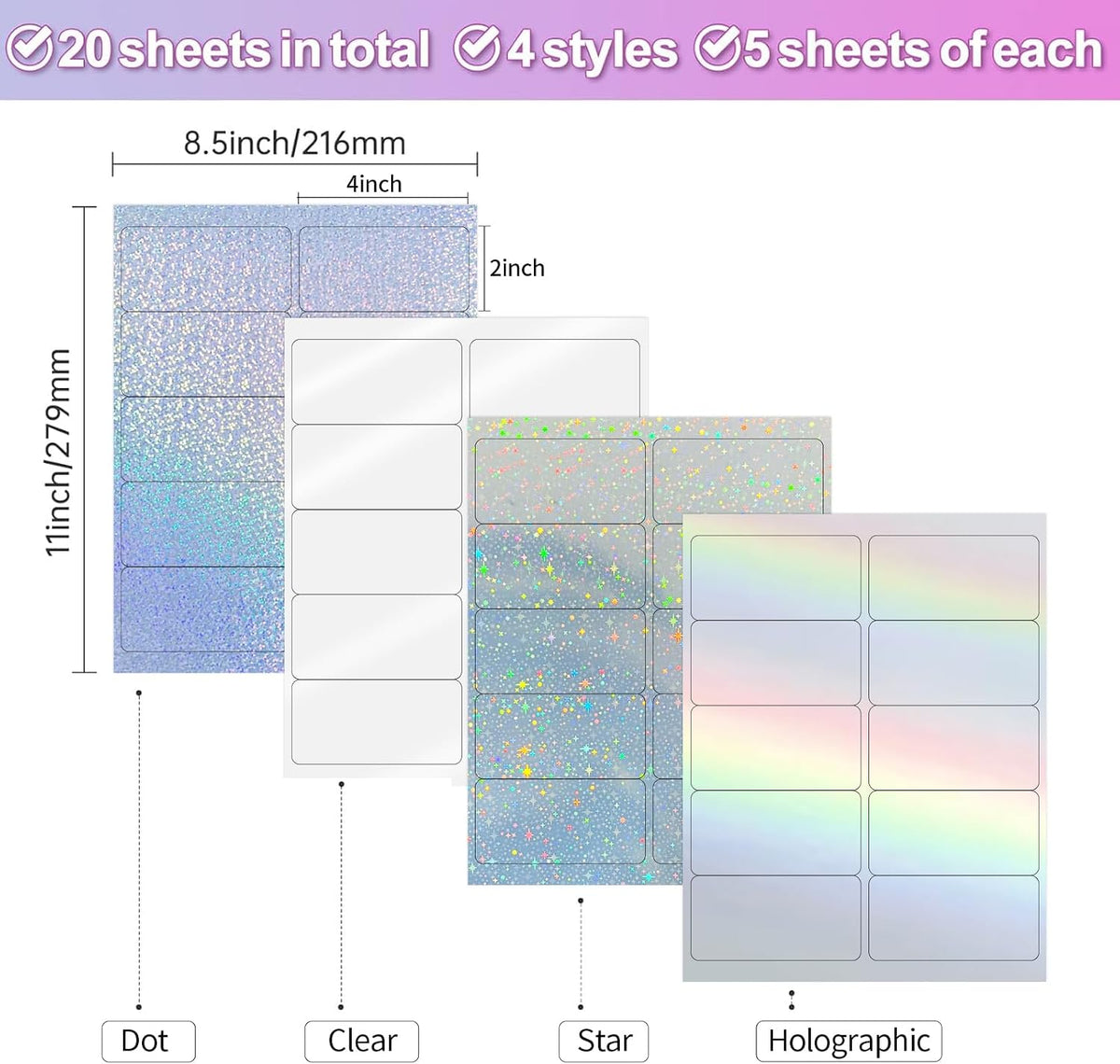 Transparent Stickers Labels - 2" x 4" Address Labels Mailing Stickers for Laser/Inkjet Printer 8.5"×11"- 20 Sheet