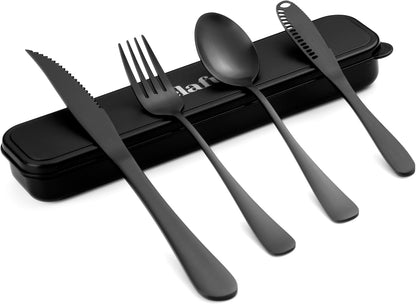 4-pieces Travel Set with Case Portable Silverware Utensils Set for work, Stainless Steel Reusable Flatware Set Cutlery Set for Camping Picnic Hiking Office (6.7inch, Matte Black)
