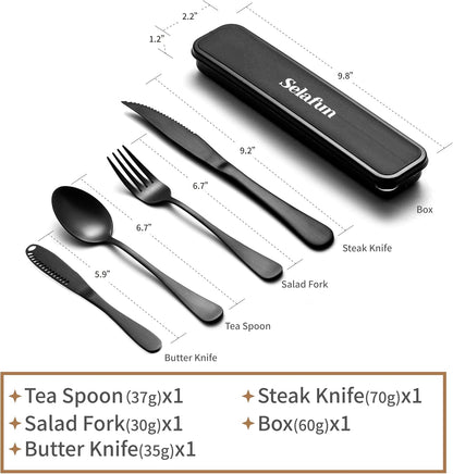 4-pieces Travel Set with Case Portable Silverware Utensils Set for work, Stainless Steel Reusable Flatware Set Cutlery Set for Camping Picnic Hiking Office (6.7inch, Matte Black)