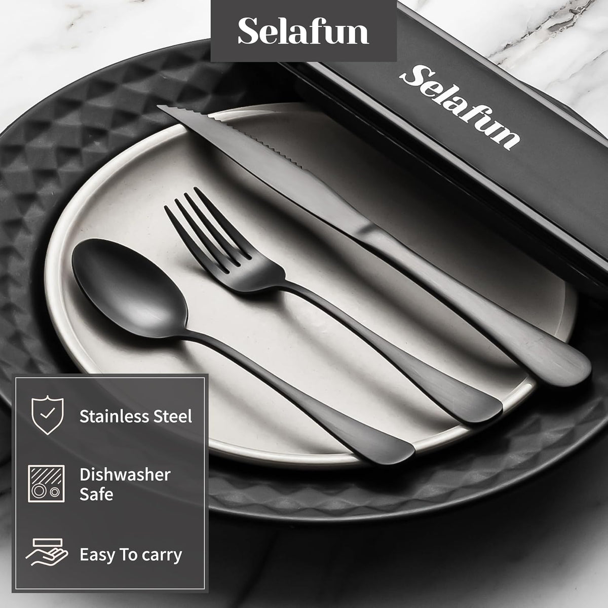 4-pieces Travel Set with Case Portable Silverware Utensils Set for work, Stainless Steel Reusable Flatware Set Cutlery Set for Camping Picnic Hiking Office (6.7inch, Matte Black)
