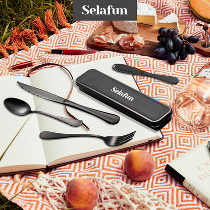 4-pieces Travel Set with Case Portable Silverware Utensils Set for work, Stainless Steel Reusable Flatware Set Cutlery Set for Camping Picnic Hiking Office (6.7inch, Matte Black)