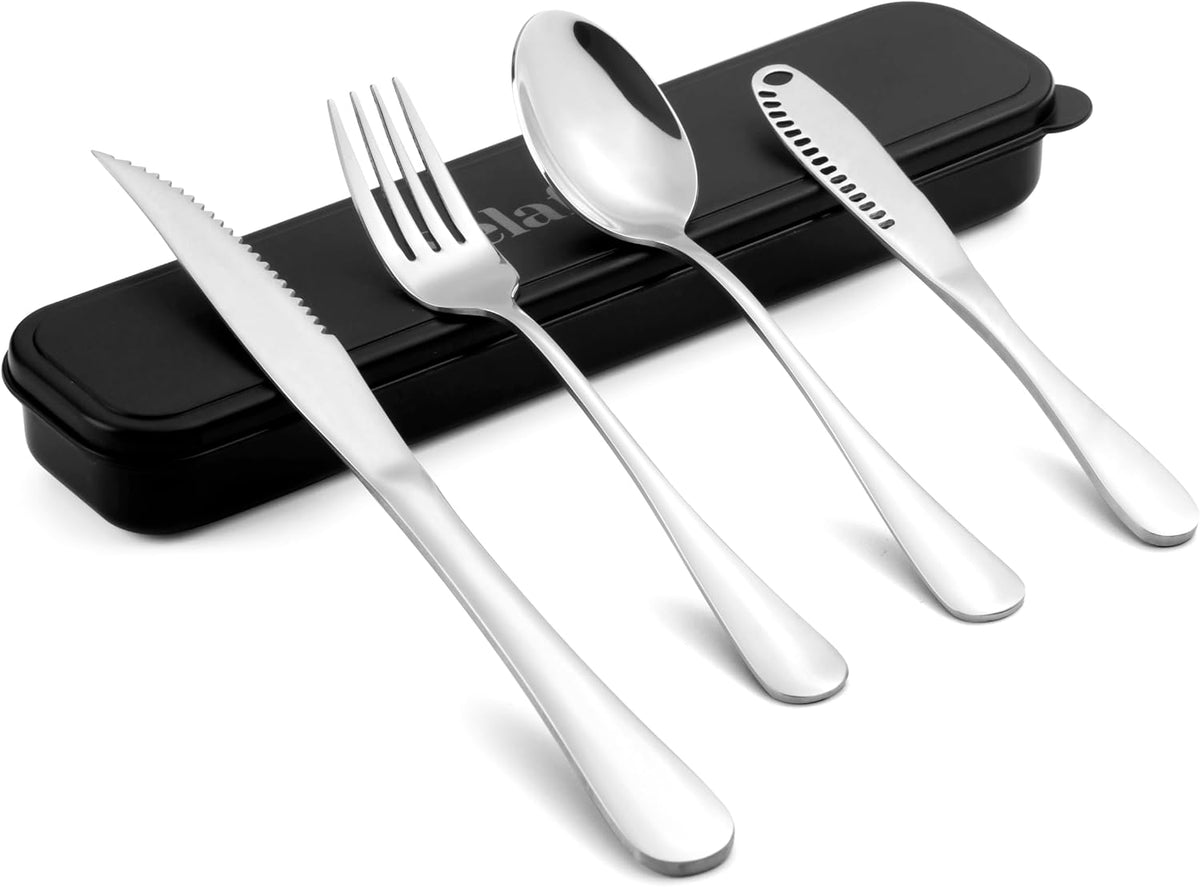 4-pieces Travel Set with Case Portable Silverware Utensils Set for work, Stainless Steel Reusable Flatware Set Cutlery Set for Camping Picnic Hiking Office (6.7inch, Matte Black)