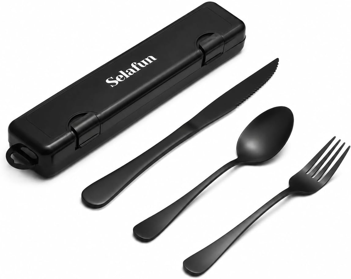 4-pieces Travel Set with Case Portable Silverware Utensils Set for work, Stainless Steel Reusable Flatware Set Cutlery Set for Camping Picnic Hiking Office (6.7inch, Matte Black)