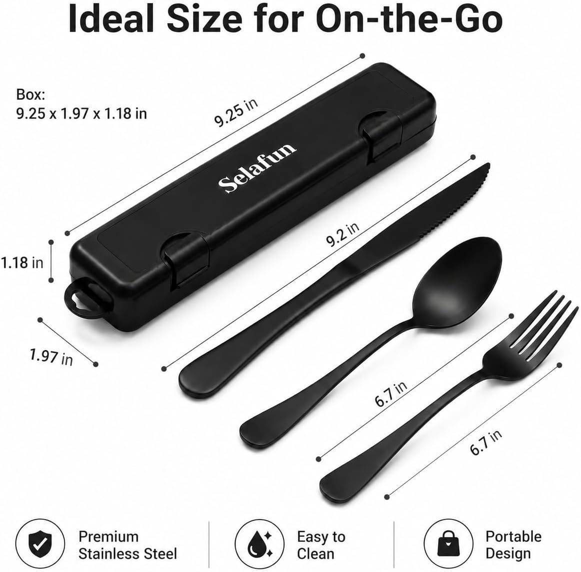 4-pieces Travel Set with Case Portable Silverware Utensils Set for work, Stainless Steel Reusable Flatware Set Cutlery Set for Camping Picnic Hiking Office (6.7inch, Matte Black)