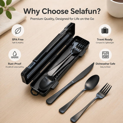 4-pieces Travel Set with Case Portable Silverware Utensils Set for work, Stainless Steel Reusable Flatware Set Cutlery Set for Camping Picnic Hiking Office (6.7inch, Matte Black)