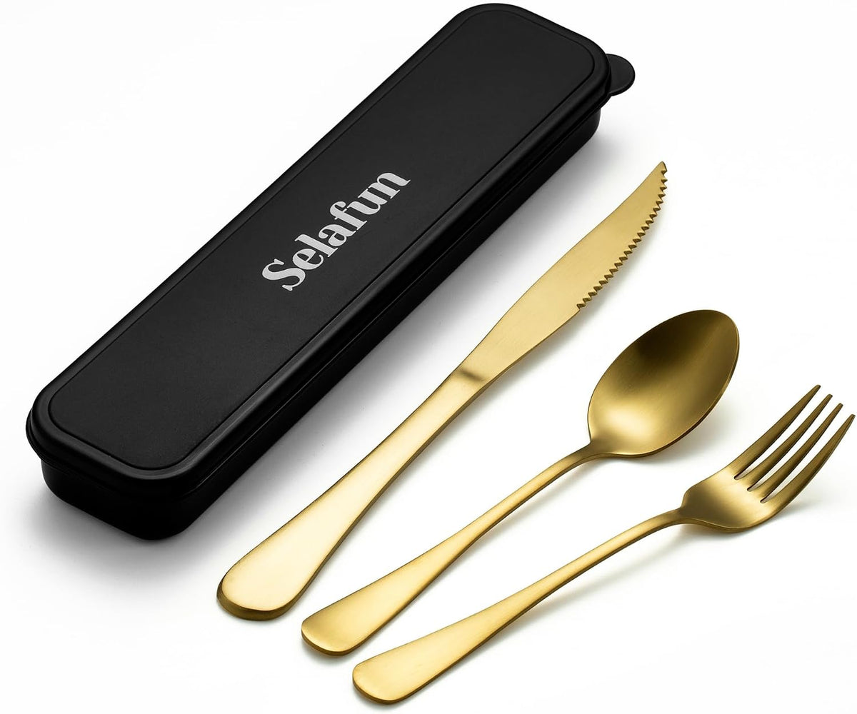 4-pieces Travel Set with Case Portable Silverware Utensils Set for work, Stainless Steel Reusable Flatware Set Cutlery Set for Camping Picnic Hiking Office (6.7inch, Matte Black)