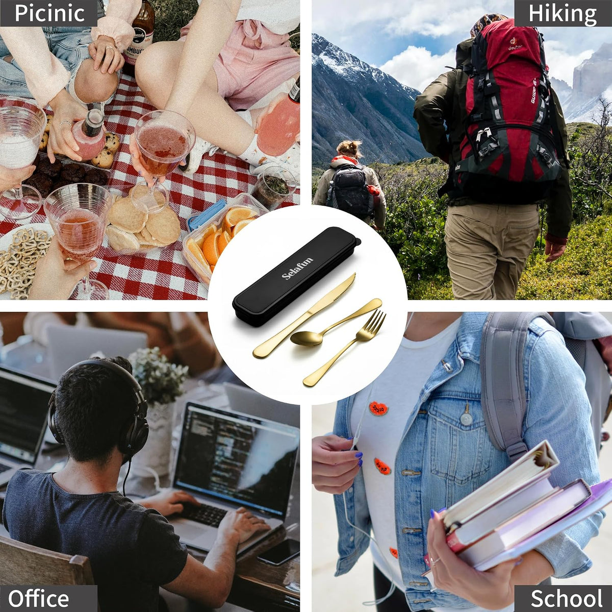 4-pieces Travel Set with Case Portable Silverware Utensils Set for work, Stainless Steel Reusable Flatware Set Cutlery Set for Camping Picnic Hiking Office (6.7inch, Matte Black)