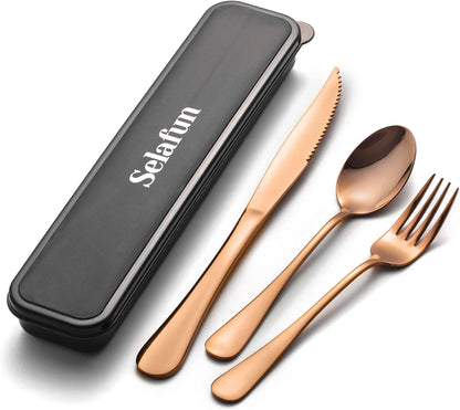 4-pieces Travel Set with Case Portable Silverware Utensils Set for work, Stainless Steel Reusable Flatware Set Cutlery Set for Camping Picnic Hiking Office (6.7inch, Matte Black)