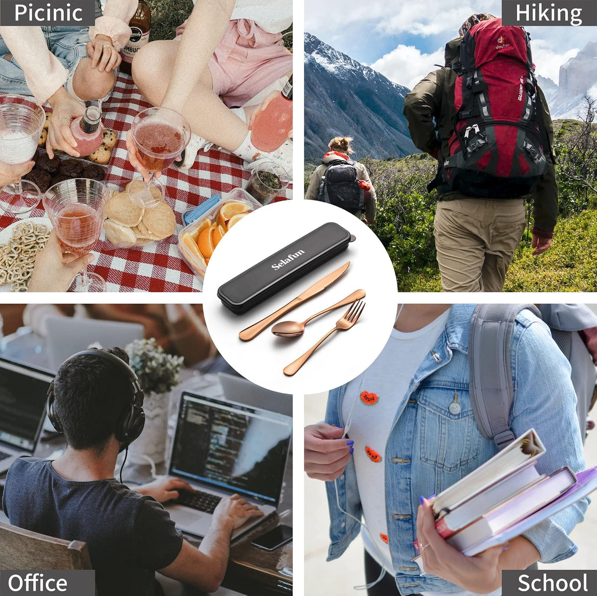 4-pieces Travel Set with Case Portable Silverware Utensils Set for work, Stainless Steel Reusable Flatware Set Cutlery Set for Camping Picnic Hiking Office (6.7inch, Matte Black)