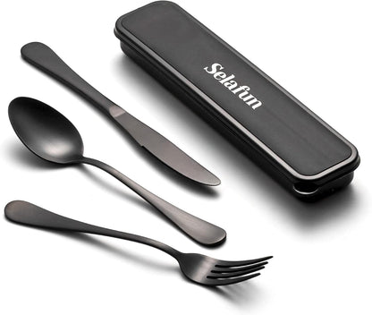 4-pieces Travel Set with Case Portable Silverware Utensils Set for work, Stainless Steel Reusable Flatware Set Cutlery Set for Camping Picnic Hiking Office (6.7inch, Matte Black)