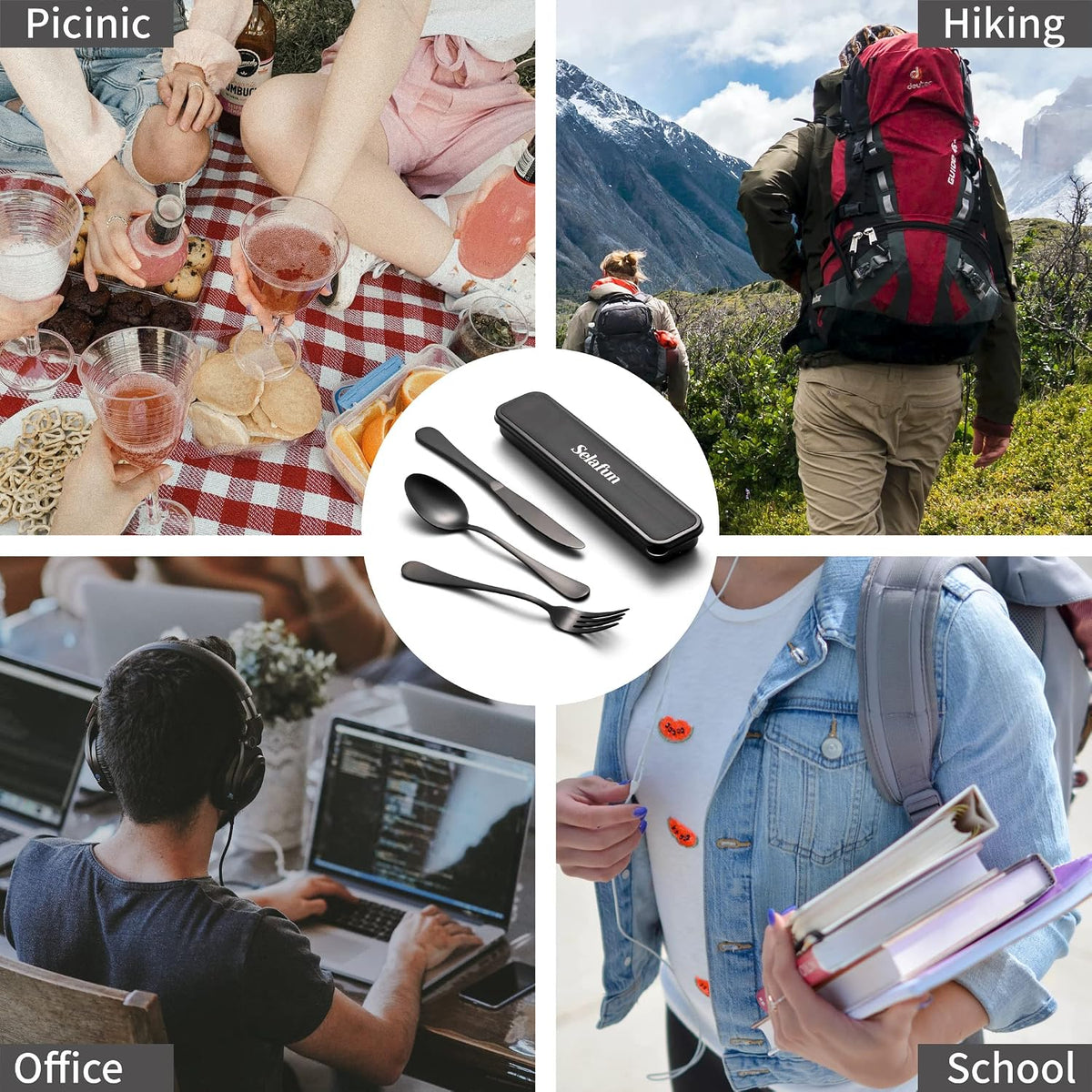 4-pieces Travel Set with Case Portable Silverware Utensils Set for work, Stainless Steel Reusable Flatware Set Cutlery Set for Camping Picnic Hiking Office (6.7inch, Matte Black)