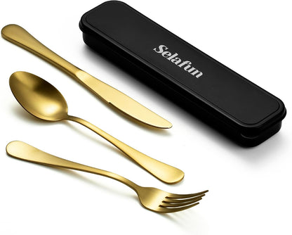 4-pieces Travel Set with Case Portable Silverware Utensils Set for work, Stainless Steel Reusable Flatware Set Cutlery Set for Camping Picnic Hiking Office (6.7inch, Matte Black)