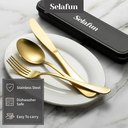 4-pieces Travel Set with Case Portable Silverware Utensils Set for work, Stainless Steel Reusable Flatware Set Cutlery Set for Camping Picnic Hiking Office (6.7inch, Matte Black)