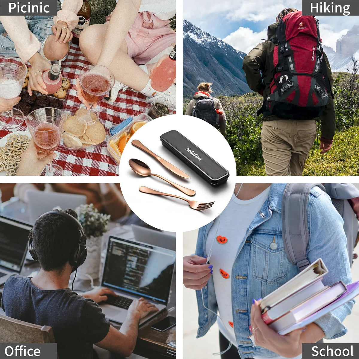 4-pieces Travel Set with Case Portable Silverware Utensils Set for work, Stainless Steel Reusable Flatware Set Cutlery Set for Camping Picnic Hiking Office (6.7inch, Matte Black)