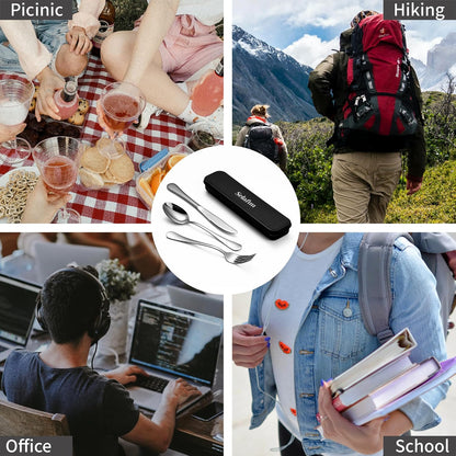 4-pieces Travel Set with Case Portable Silverware Utensils Set for work, Stainless Steel Reusable Flatware Set Cutlery Set for Camping Picnic Hiking Office (6.7inch, Matte Black)
