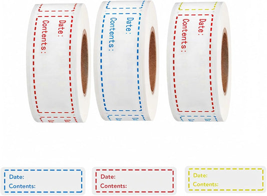Freezer Labels 375pcs - 3"x1" Self-Adhesive Removable Food Labels | Write-On Waterproof & Oil-Proof Tape for Containers, Meal Prep & Pantry Organization (3 Rolls, 3 Colors)