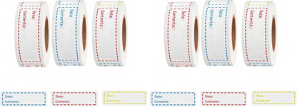 Freezer Labels 375pcs - 3"x1" Self-Adhesive Removable Food Labels | Write-On Waterproof & Oil-Proof Tape for Containers, Meal Prep & Pantry Organization (3 Rolls, 3 Colors)