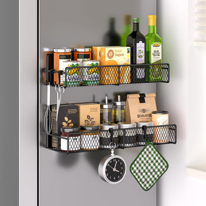 Magnetic Spice Rack for Refrigerator, Metal Magnetic Shelf Black, Moveable Spice Organizer with Hooks, Super Magnetic Fridge Shelf for Kitchen Organization and Storage