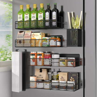 Magnetic Spice Rack for Refrigerator, Metal Magnetic Shelf Black, Moveable Spice Organizer with Hooks, Super Magnetic Fridge Shelf for Kitchen Organization and Storage