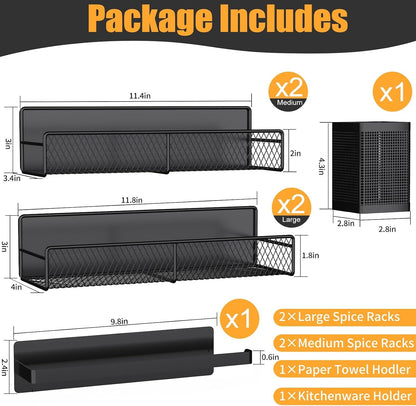 Magnetic Spice Rack for Refrigerator, Metal Magnetic Shelf Black, Moveable Spice Organizer with Hooks, Super Magnetic Fridge Shelf for Kitchen Organization and Storage
