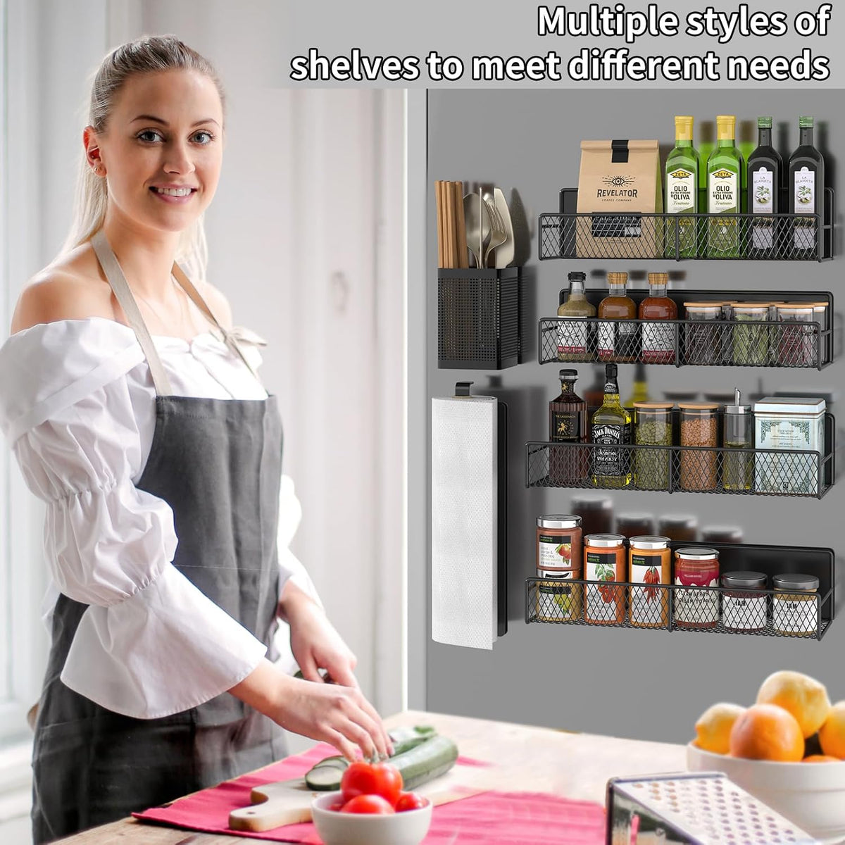 Magnetic Spice Rack for Refrigerator, Metal Magnetic Shelf Black, Moveable Spice Organizer with Hooks, Super Magnetic Fridge Shelf for Kitchen Organization and Storage