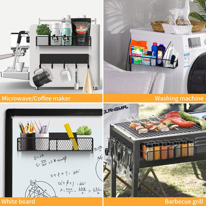 Magnetic Spice Rack for Refrigerator, Metal Magnetic Shelf Black, Moveable Spice Organizer with Hooks, Super Magnetic Fridge Shelf for Kitchen Organization and Storage