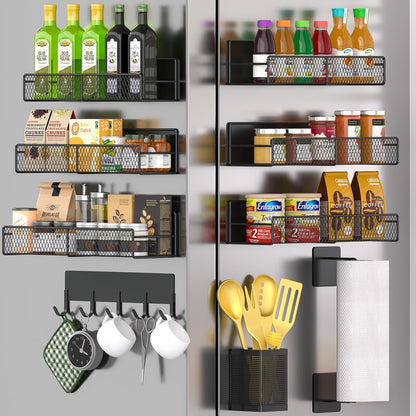 Magnetic Spice Rack for Refrigerator, Metal Magnetic Shelf Black, Moveable Spice Organizer with Hooks, Super Magnetic Fridge Shelf for Kitchen Organization and Storage