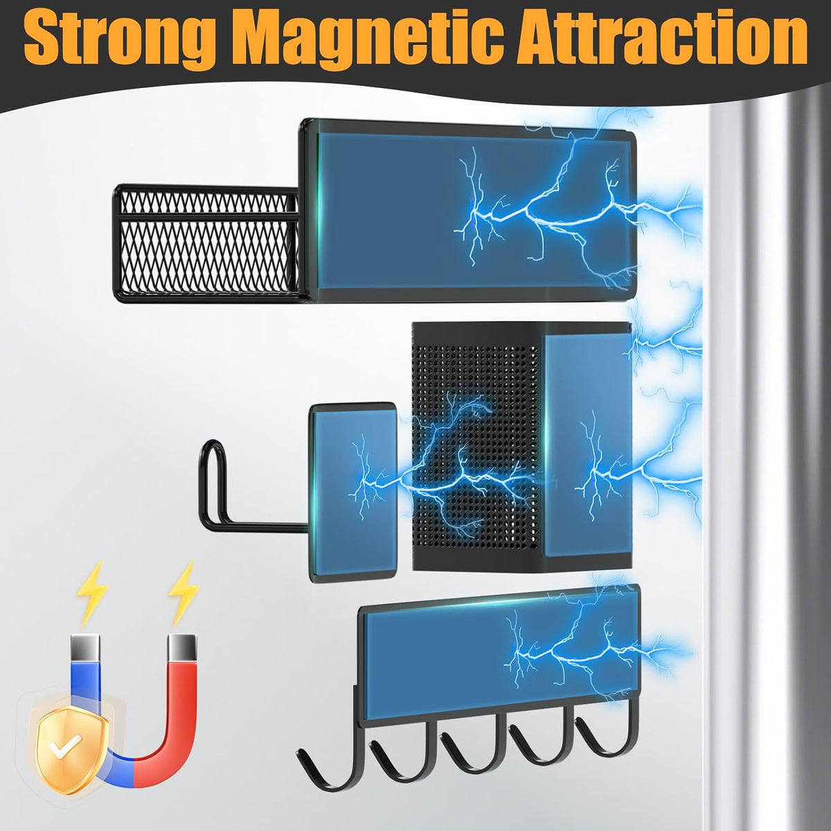 Magnetic Spice Rack for Refrigerator, Metal Magnetic Shelf Black, Moveable Spice Organizer with Hooks, Super Magnetic Fridge Shelf for Kitchen Organization and Storage