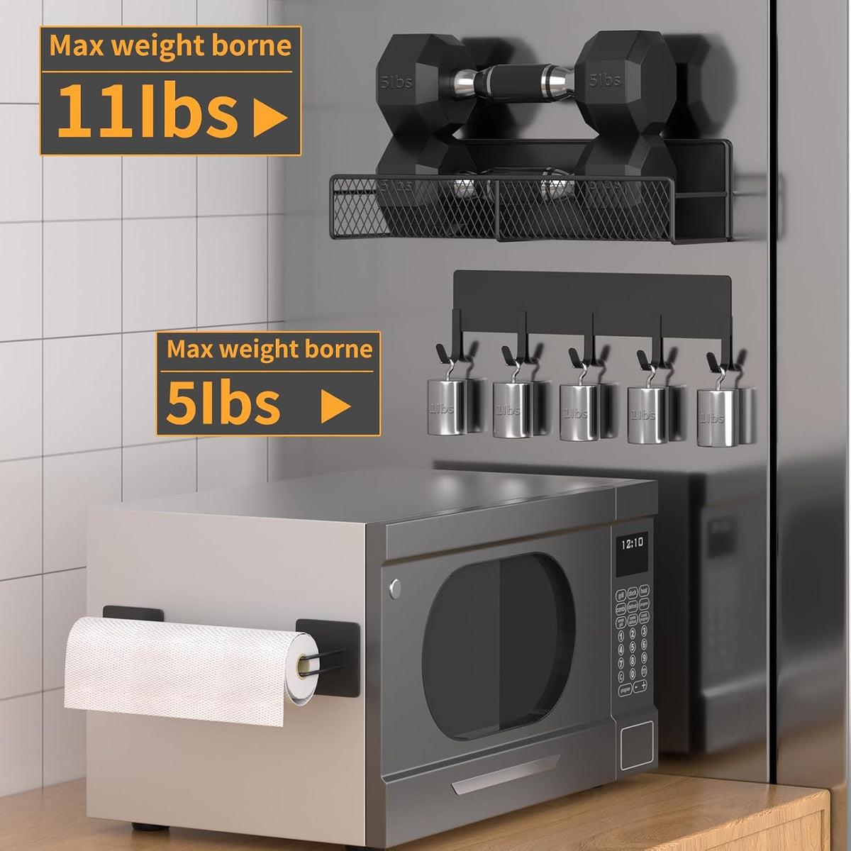 Magnetic Spice Rack for Refrigerator, Metal Magnetic Shelf Black, Moveable Spice Organizer with Hooks, Super Magnetic Fridge Shelf for Kitchen Organization and Storage