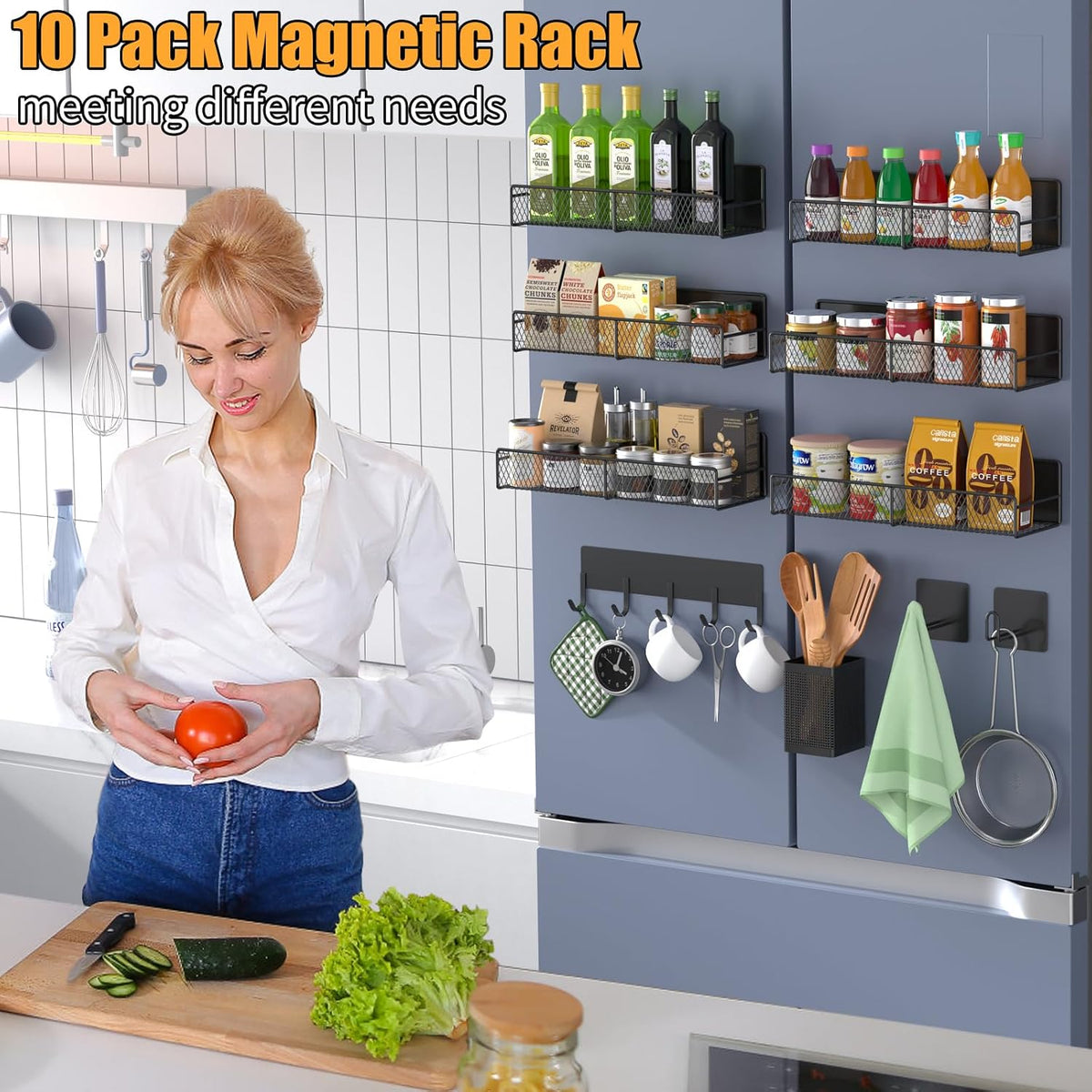 Magnetic Spice Rack for Refrigerator, Metal Magnetic Shelf Black, Moveable Spice Organizer with Hooks, Super Magnetic Fridge Shelf for Kitchen Organization and Storage