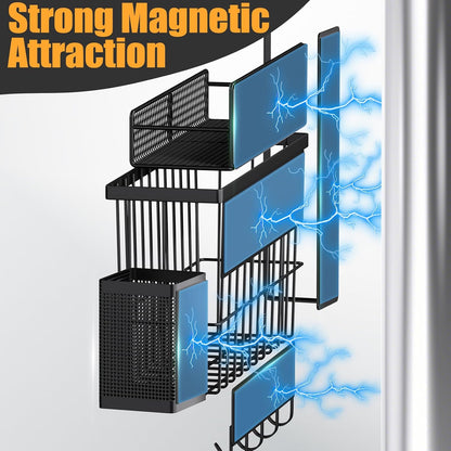 Magnetic Spice Rack for Refrigerator, Metal Magnetic Shelf Black, Moveable Spice Organizer with Hooks, Super Magnetic Fridge Shelf for Kitchen Organization and Storage
