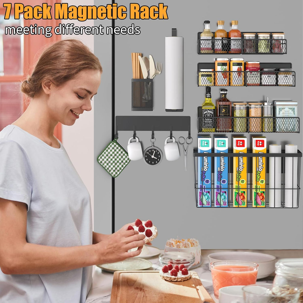 Magnetic Spice Rack for Refrigerator, Metal Magnetic Shelf Black, Moveable Spice Organizer with Hooks, Super Magnetic Fridge Shelf for Kitchen Organization and Storage
