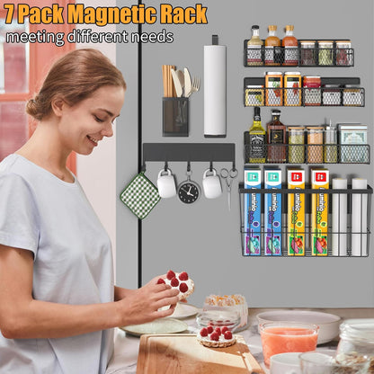 Magnetic Spice Rack for Refrigerator, Metal Magnetic Shelf Black, Moveable Spice Organizer with Hooks, Super Magnetic Fridge Shelf for Kitchen Organization and Storage