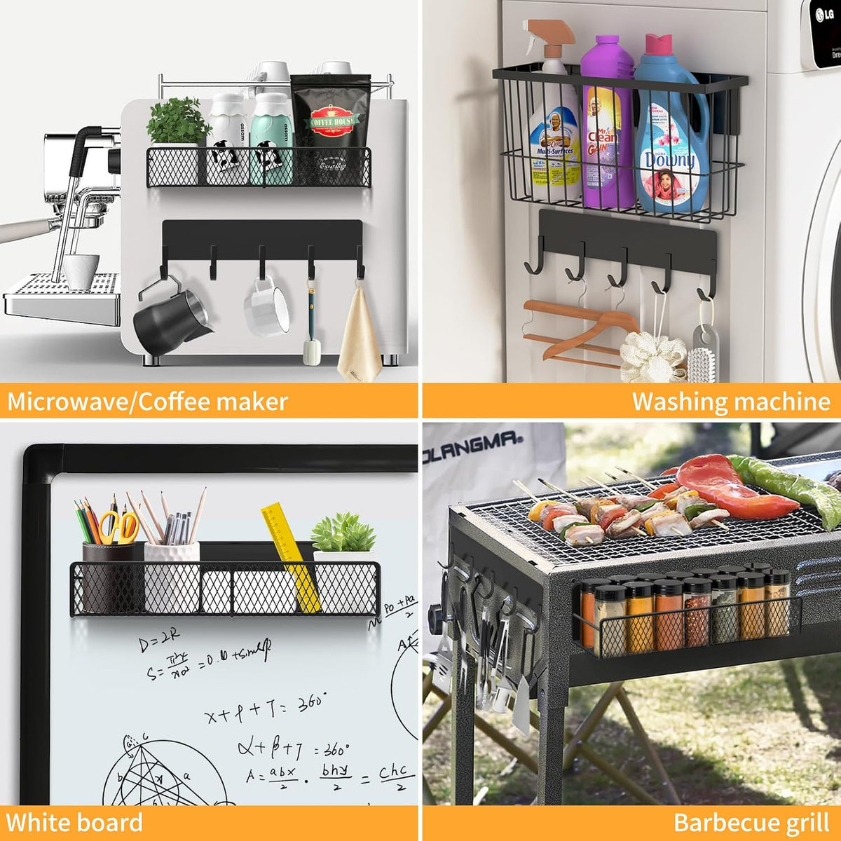 Magnetic Spice Rack for Refrigerator, Metal Magnetic Shelf Black, Moveable Spice Organizer with Hooks, Super Magnetic Fridge Shelf for Kitchen Organization and Storage