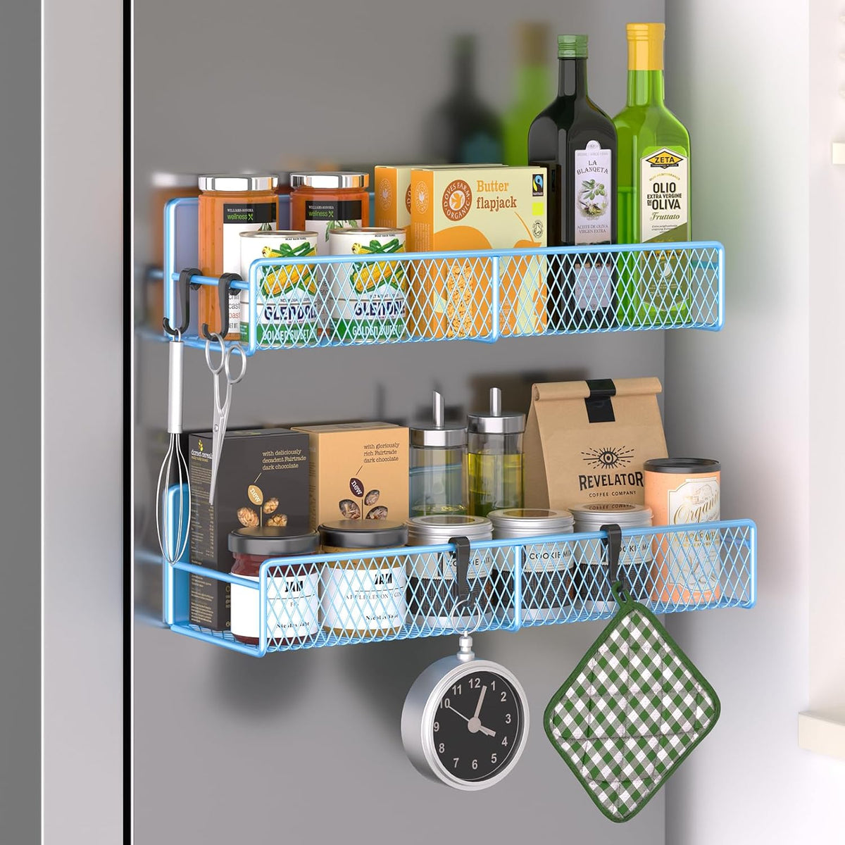 Magnetic Spice Rack for Refrigerator, Metal Magnetic Shelf Black, Moveable Spice Organizer with Hooks, Super Magnetic Fridge Shelf for Kitchen Organization and Storage