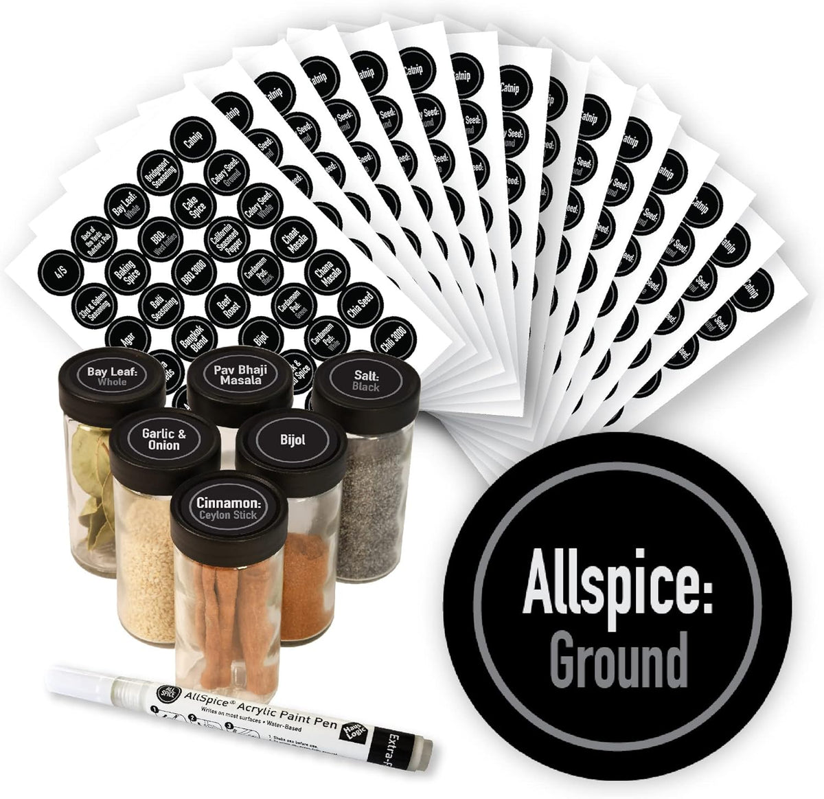 Ultimate Spice Label Set 525 Preprinted Water Resistant Round Spice Jar Labels Set 1.5" with Extra Fine White Paint Pen(Modern Black)